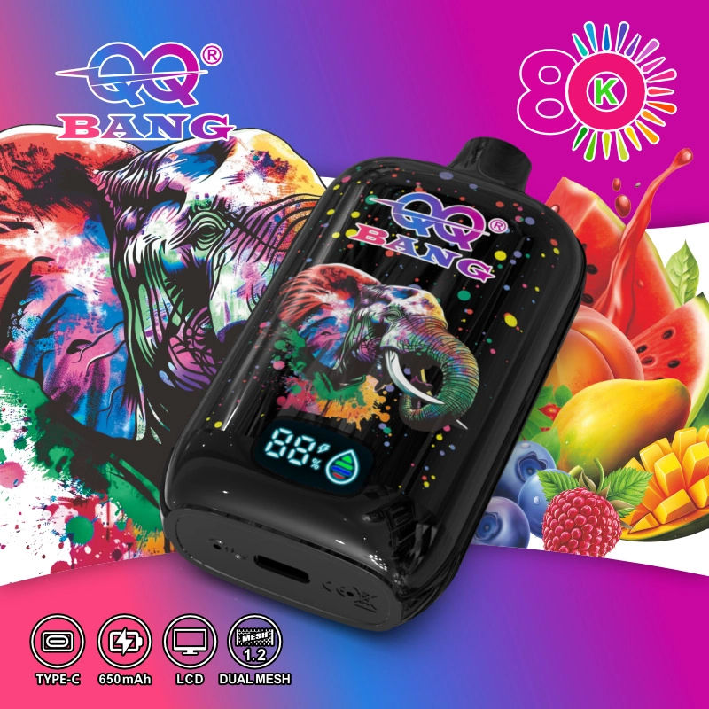 QQ Bang 80K Puffs Disposable Vape, pink and blue mixed-fruit artwork with two black devices, presented in the supplier gallery artwork.