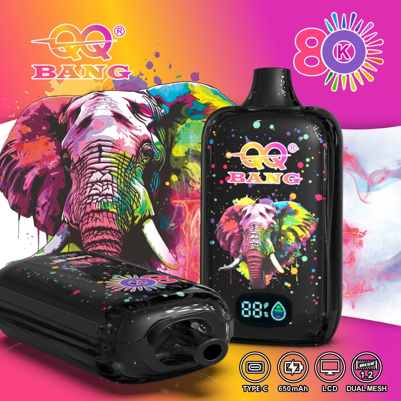 QQ Bang 80K Puffs Disposable Vape, orange tropical artwork with two black devices and tiger graphics, presented in the supplier gallery artwork.