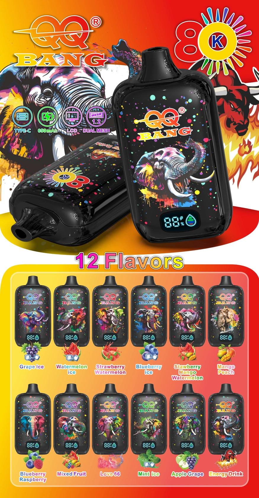 QQ Bang 80K Puffs Disposable Vape, main product panel above a complete device flavor lineup, presented in the supplier gallery artwork.