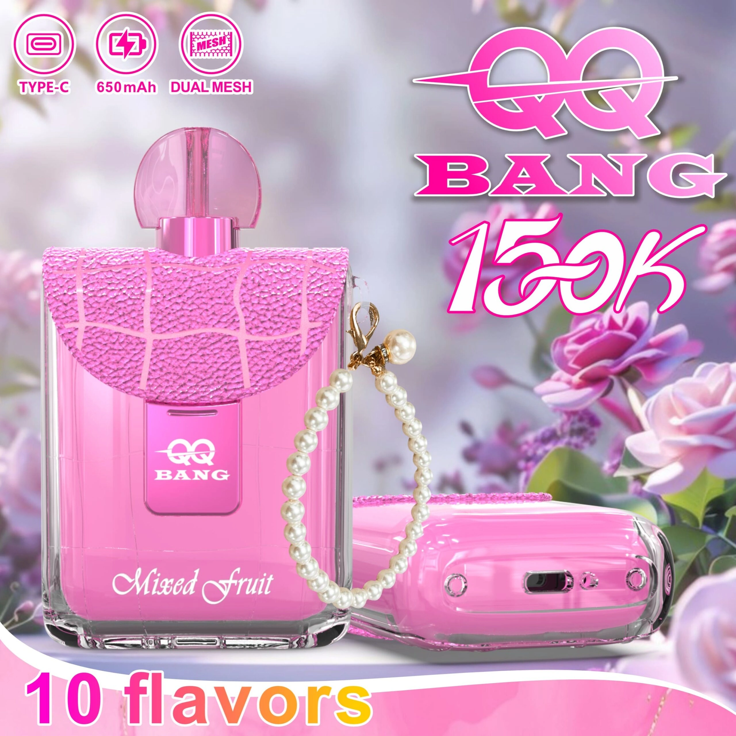 QQ Bang Perfume 150K Puffs Disposable Vape, pink perfume-bottle device with chain beside a matching case and 10-flavor, in supplier gallery artwork.
