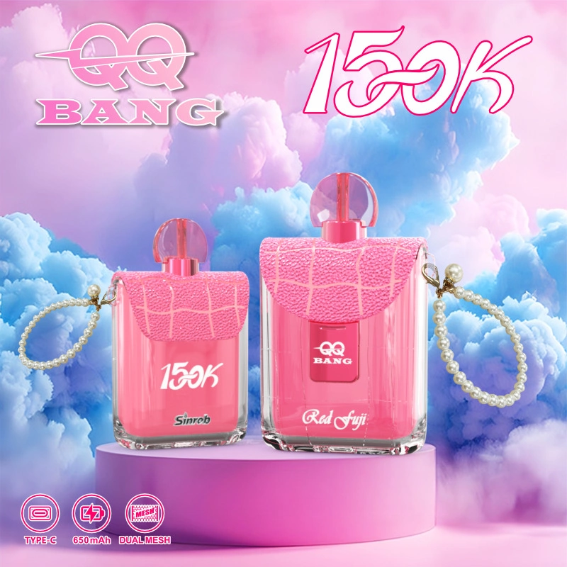 QQ Bang Perfume 150K Puffs Disposable Vape, pink perfume-shaped device pair on a pastel cloud display, presented in the supplier gallery artwork.