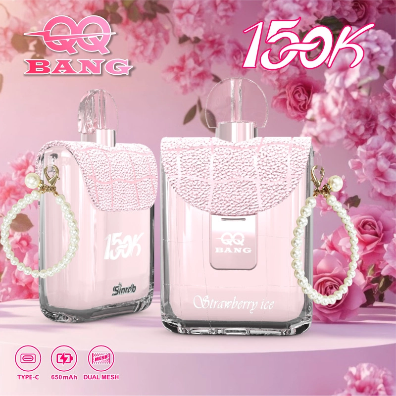 QQ Bang Perfume 150K Puffs Disposable Vape, pale pink perfume-shaped device pair against a rose backdrop, presented in the supplier gallery artwork.