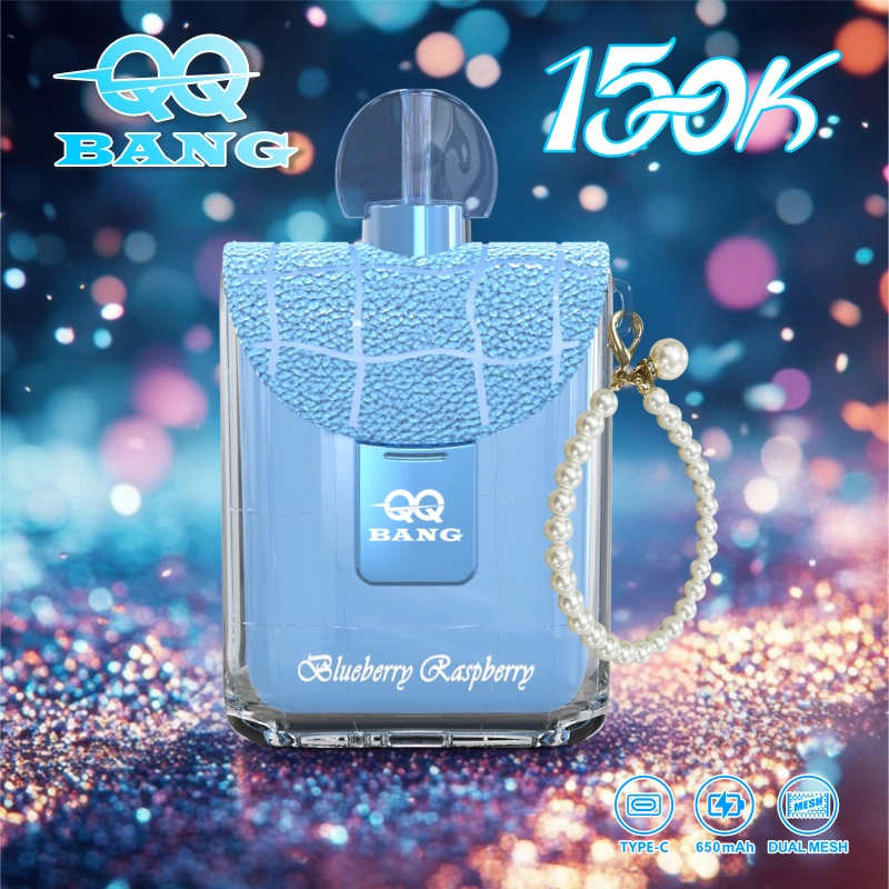 QQ Bang Perfume 150K Puffs Disposable Vape, blue perfume-shaped device with chain on a sparkling dark backdrop, presented in the supplier gallery artwork.