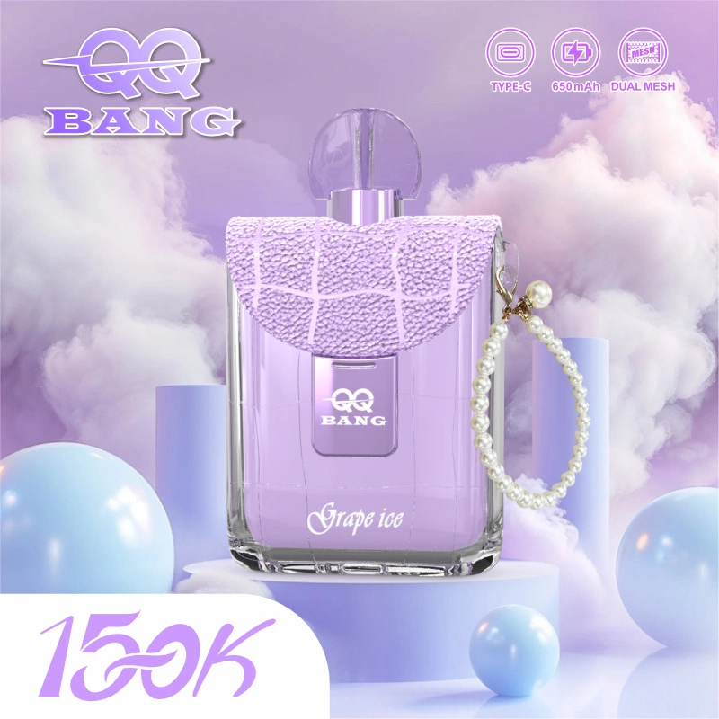 QQ Bang Perfume 150K Puffs Disposable Vape, lavender perfume-shaped device with chain beside pastel balloons, presented in the supplier gallery artwork.