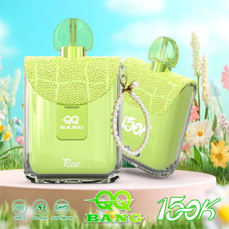 QQ Bang Perfume 150K Puffs Disposable Vape, lime perfume-shaped device pair on a bright garden backdrop, presented in the supplier gallery artwork.