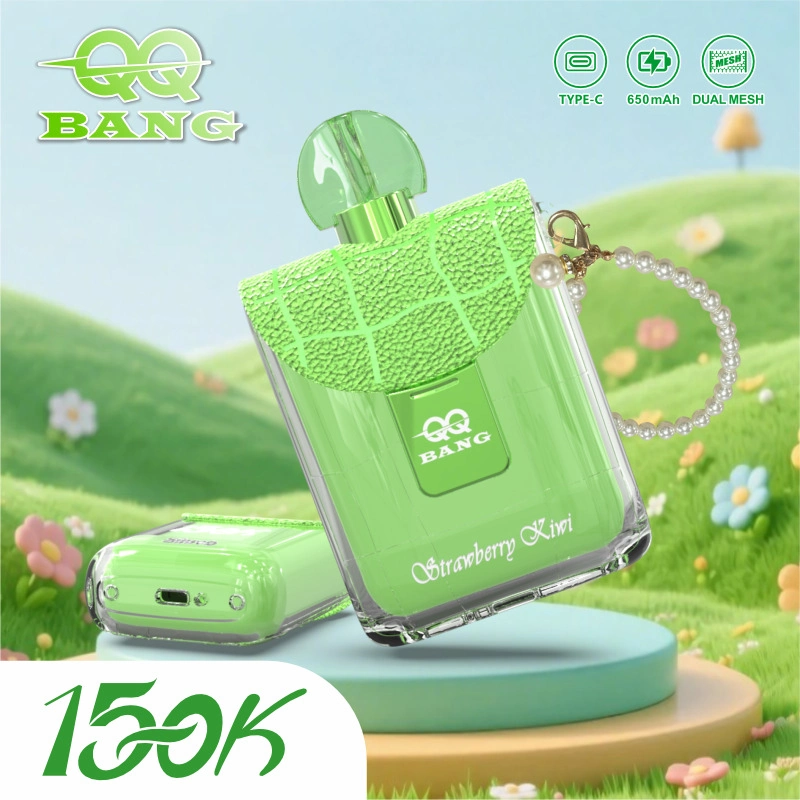 QQ Bang Perfume 150K Puffs Disposable Vape, green perfume-shaped device with chain on an outdoor pedestal, presented in the supplier gallery artwork.