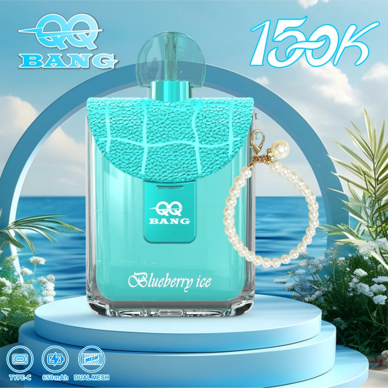 QQ Bang Perfume 150K Puffs Disposable Vape, turquoise perfume-shaped device with chain on a blue coastal backdrop, in supplier gallery artwork.