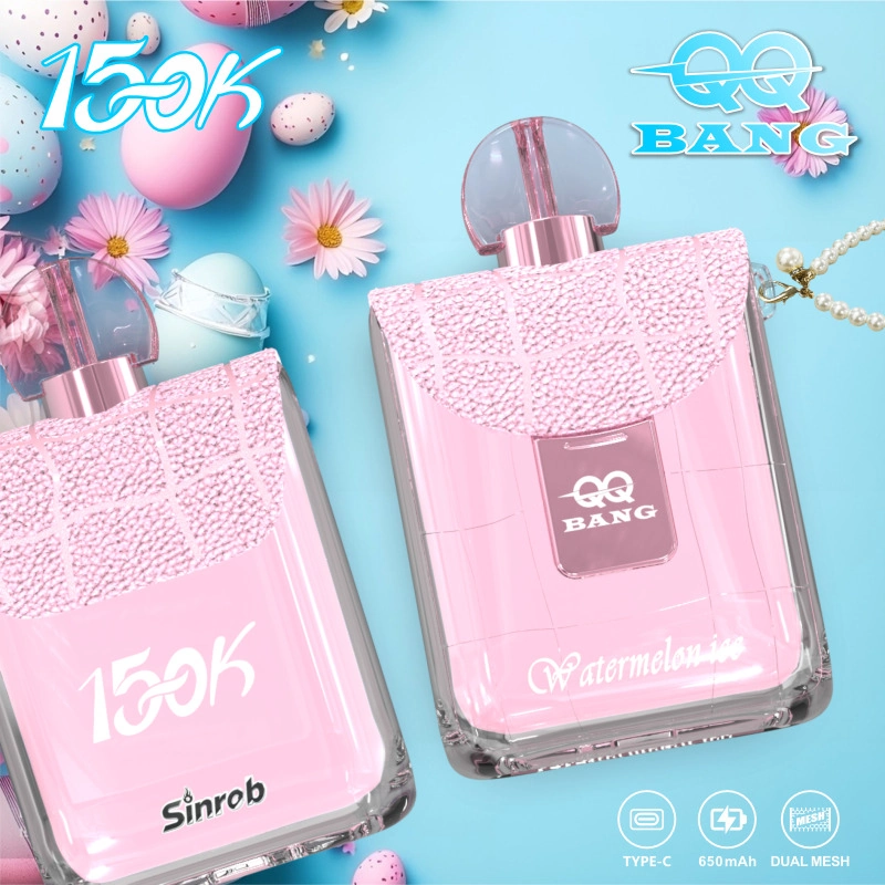 QQ Bang Perfume 150K Puffs Disposable Vape, blue and pink perfume-shaped device pair on a soft floral backdrop, presented in the supplier gallery artwork.