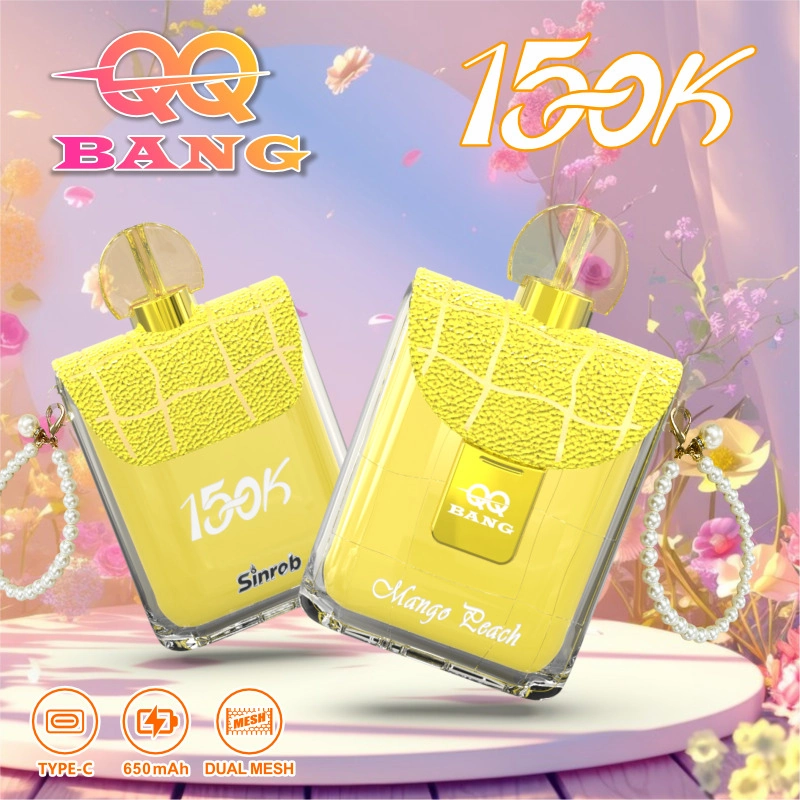 QQ Bang Perfume 150K Puffs Disposable Vape, yellow and orange perfume-shaped device pair on a pastel stage, presented in the supplier gallery artwork.