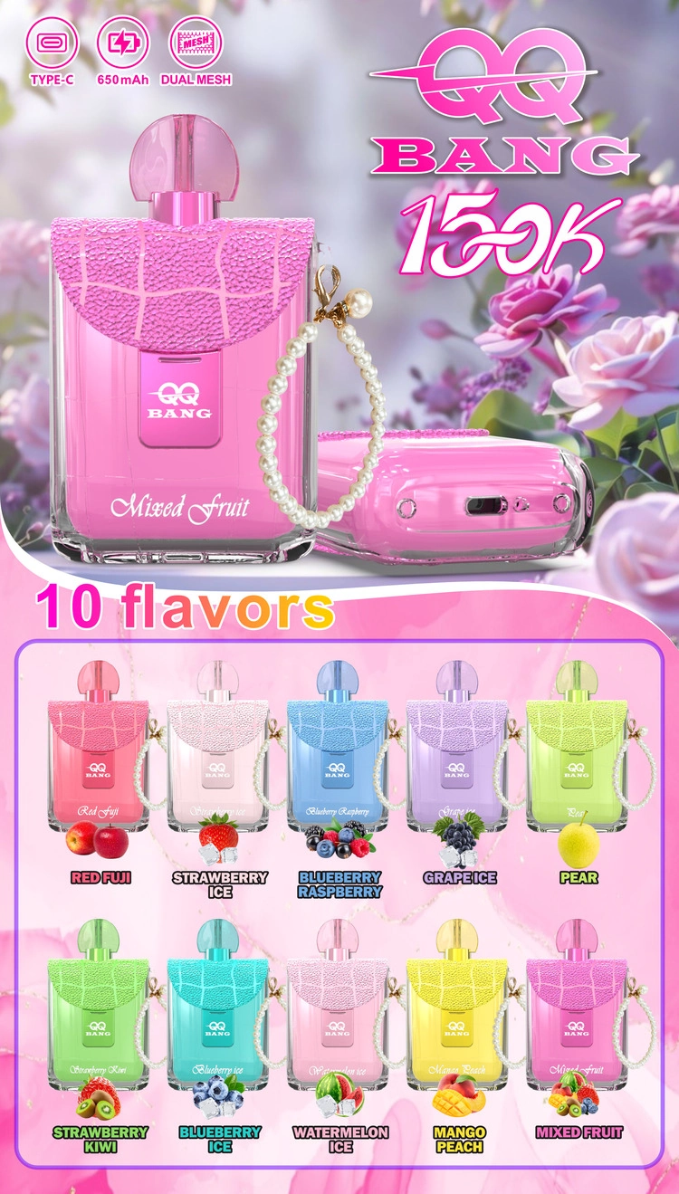 QQ Bang Perfume 150K Puffs Disposable Vape, ten-color flavor range chart for the perfume-shaped device, presented in the supplier gallery artwork.