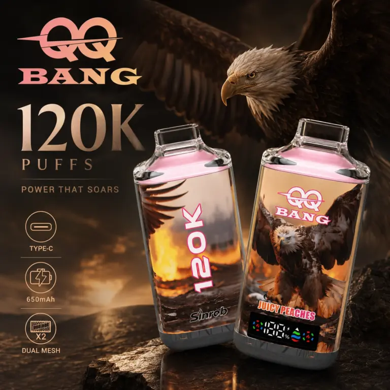 QQ Bang 120K Puffs Disposable Vape hero presentation showing the featured device design and display in the official product artwork.