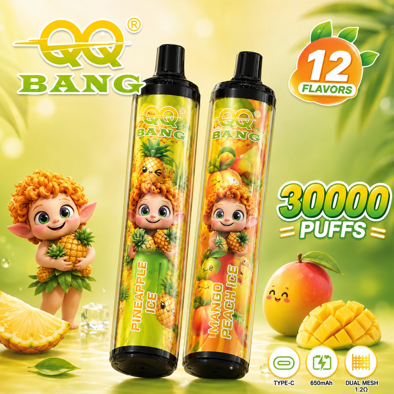 QQ Bang 30K Puffs Disposable Vape hero presentation showing the featured device design and display in the official product artwork.