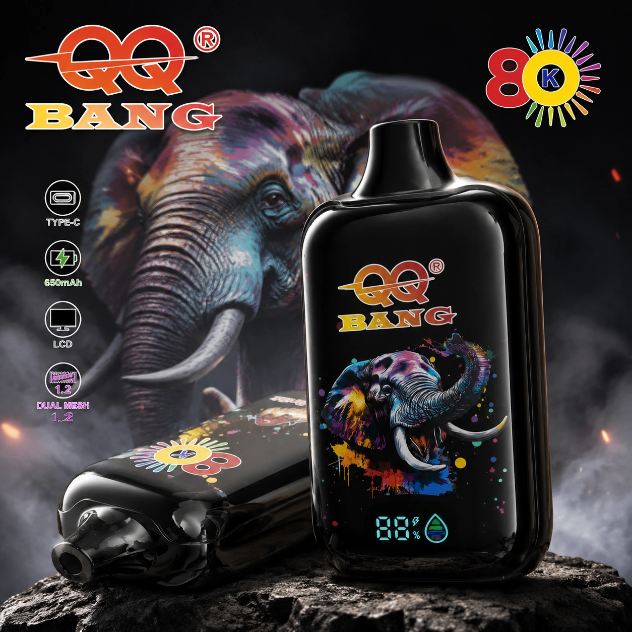 QQ Bang 80K Puffs Disposable Vape hero presentation showing the featured device design and display in the official product artwork.