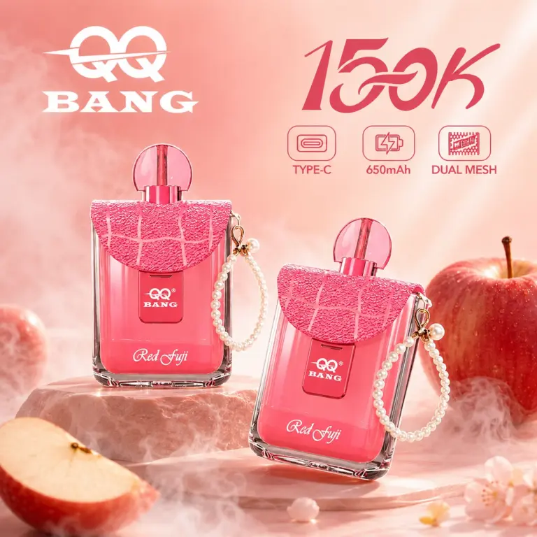 QQ Bang Perfume 150K Puffs Disposable Vape hero presentation showing the featured device design and display in the official product artwork.