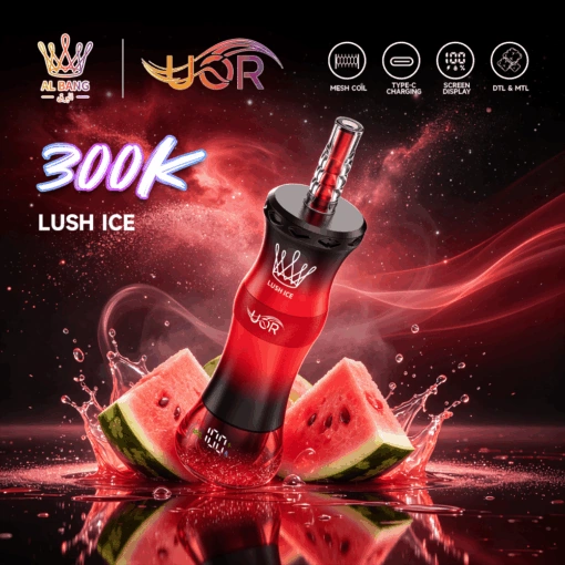 UOR Al Bang 300K high-capacity disposable vape shown with flavor-specific retail packaging