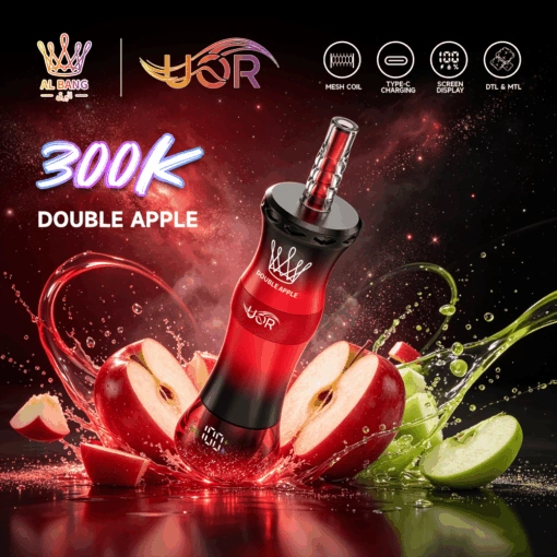 UOR Al Bang 300K mesh coil vape product presentation with branded device details