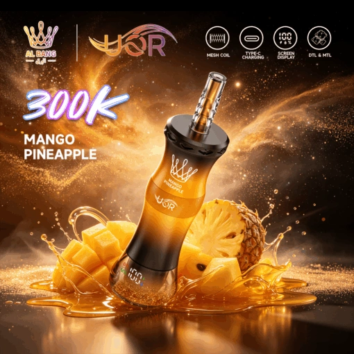 UOR Al Bang 300K smart LCD display vape shown with branded flavor variant design