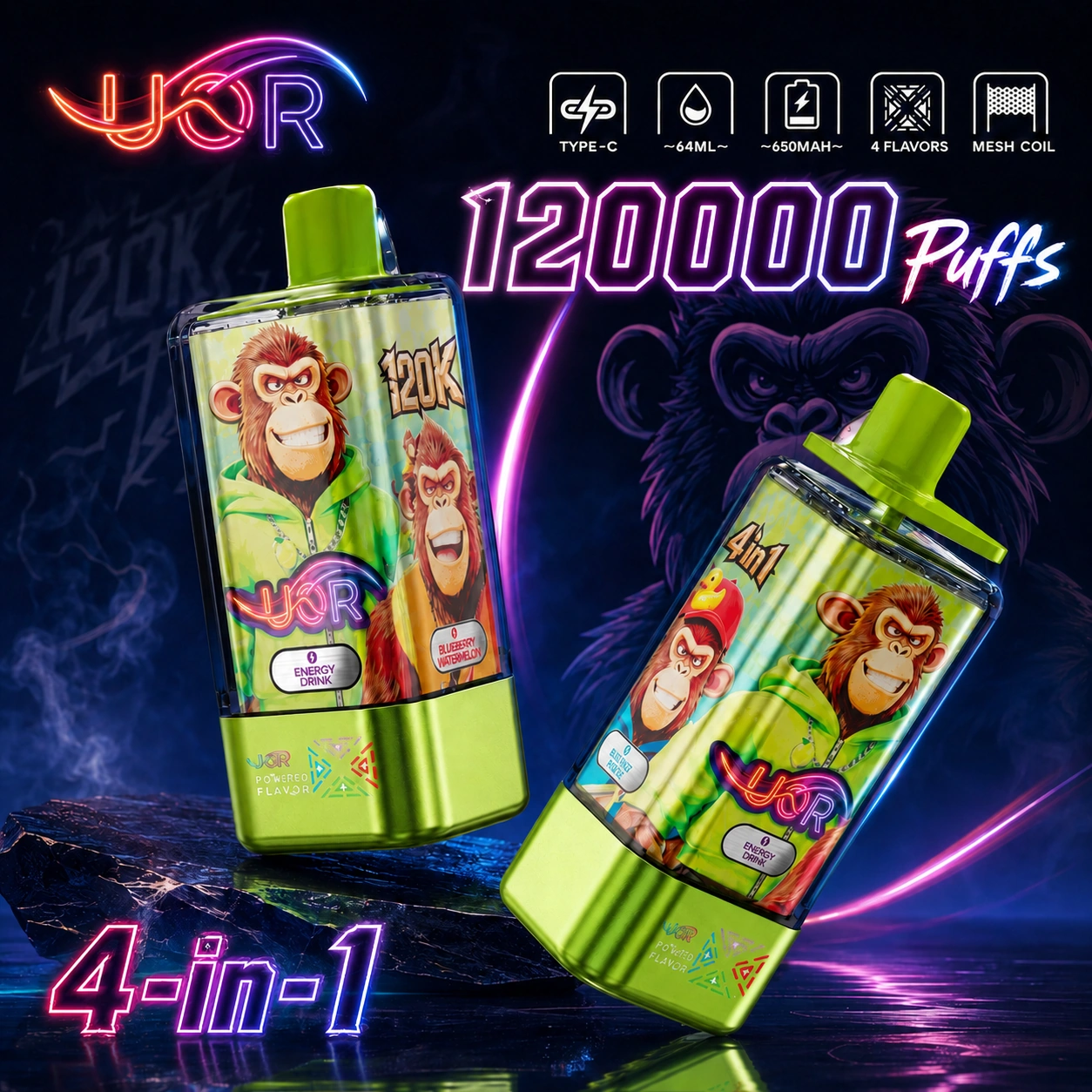 UOR 120K Disposable Vape – 120000 Puffs 4-in-1 Flavors Smart LED Screen Vape