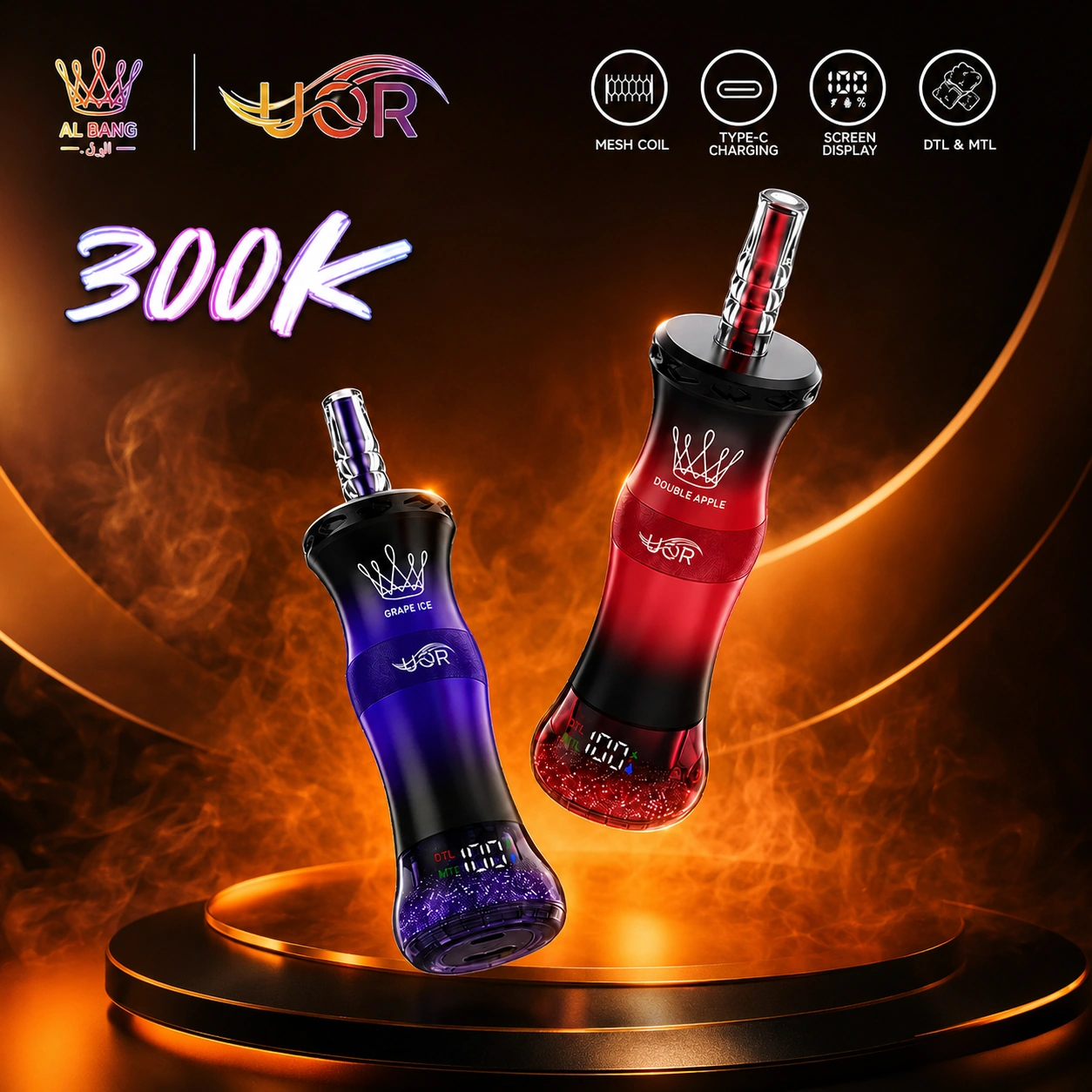 UOR Al Bang 300K MTL and DTL disposable vape with smart LCD display and branded retail packaging