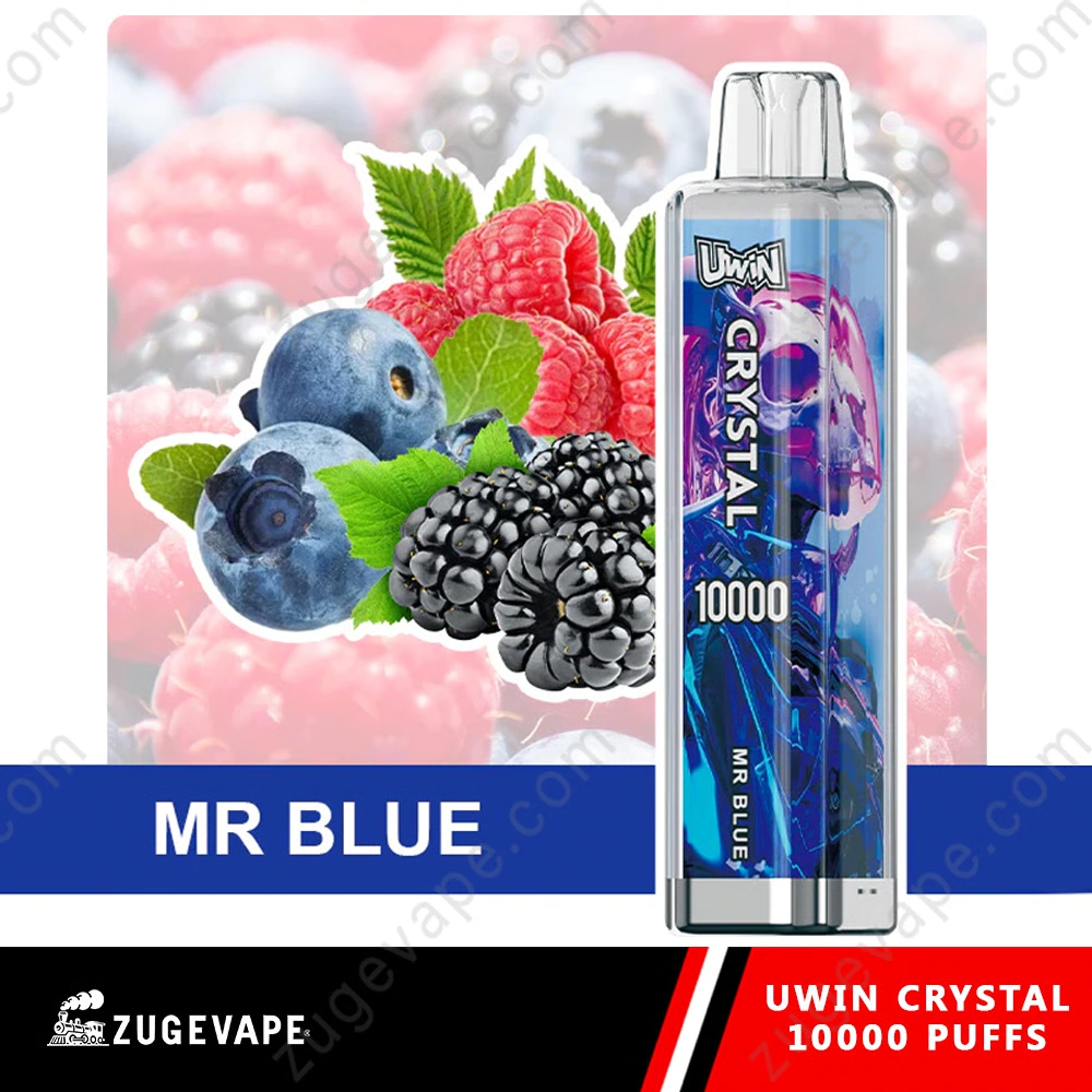 UWIN Crystal 10K Disposable Vape in Mr Blue flavor with colorful device artwork and mixed berry fruit presentation