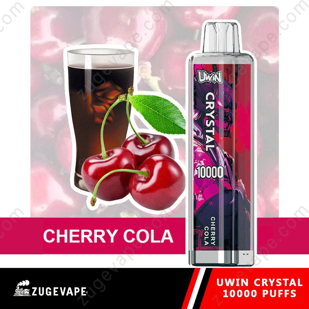 UWIN Crystal 10K Disposable Vape in Cherry Cola flavor with colorful device artwork, cherries and cola imagery