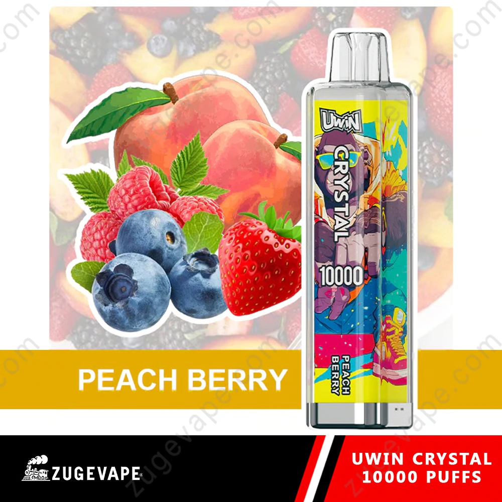 UWIN Crystal 10K Disposable Vape in Peach Berry flavor with colorful device artwork and peach and berry imagery