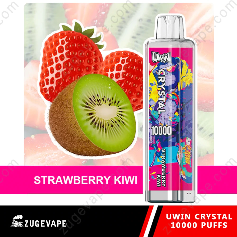 UWIN Crystal 10K Disposable Vape in Strawberry Kiwi flavor with colorful device artwork, strawberries and kiwi imagery