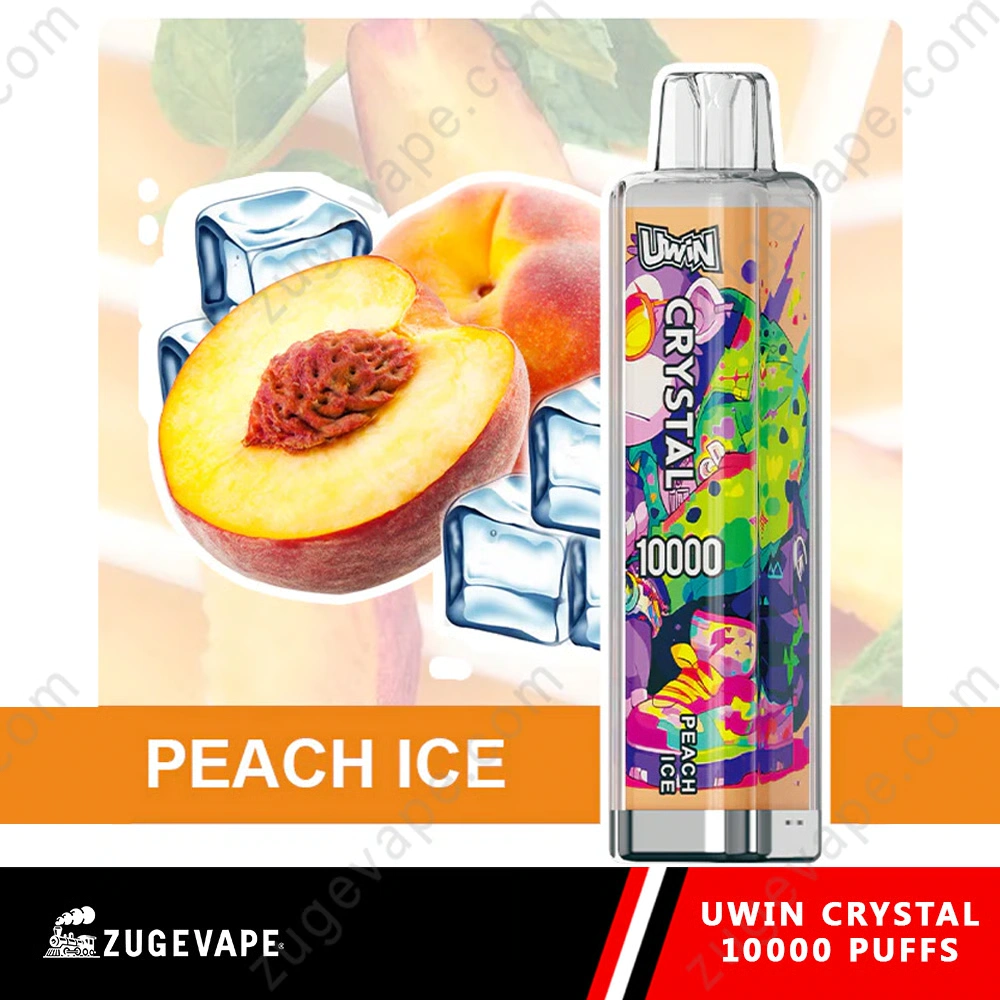 UWIN Crystal 10K Disposable Vape in Peach Ice flavor with colorful device artwork, sliced peach and ice cube imagery
