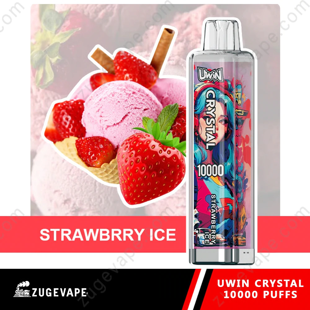 UWIN Crystal 10K Disposable Vape in Strawberry Ice flavor with colorful device artwork, strawberries and ice cream imagery