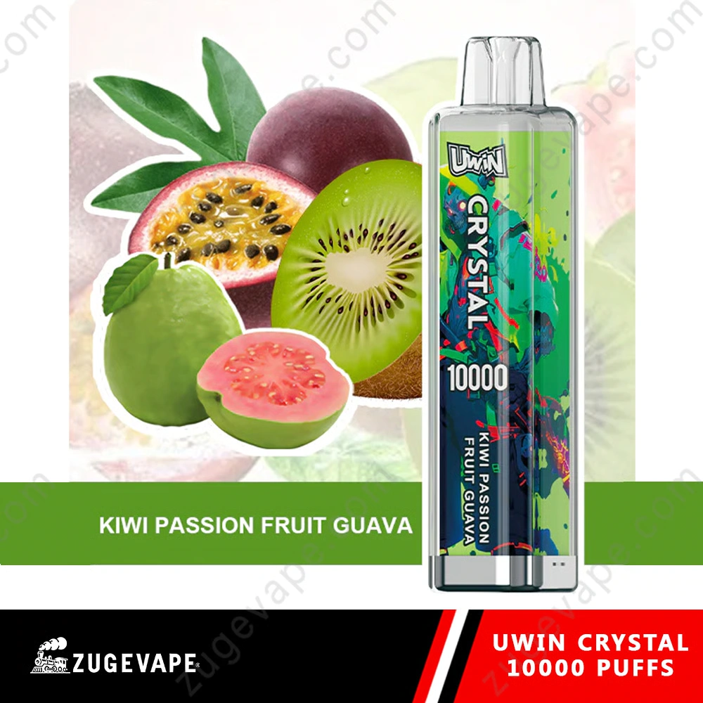 UWIN Crystal 10K Disposable Vape in Kiwi Passion Fruit Guava flavor with colorful device and tropical fruit artwork