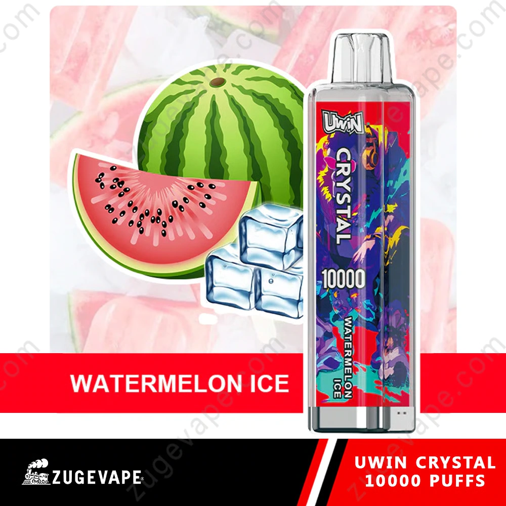 UWIN Crystal 10K Disposable Vape in Watermelon Ice flavor with colorful device artwork, watermelon and ice cubes