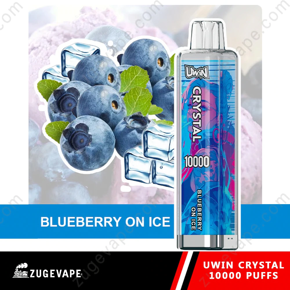 UWIN Crystal 10K Disposable Vape in Blueberry On Ice flavor with colorful device artwork, blueberries and ice imagery