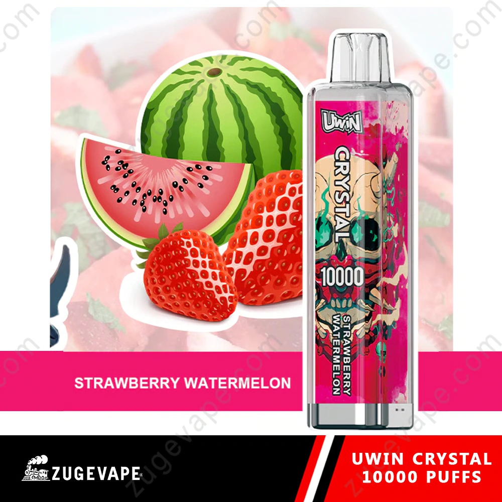UWIN Crystal 10K Disposable Vape in Strawberry Watermelon flavor with colorful device artwork and fresh fruit imagery