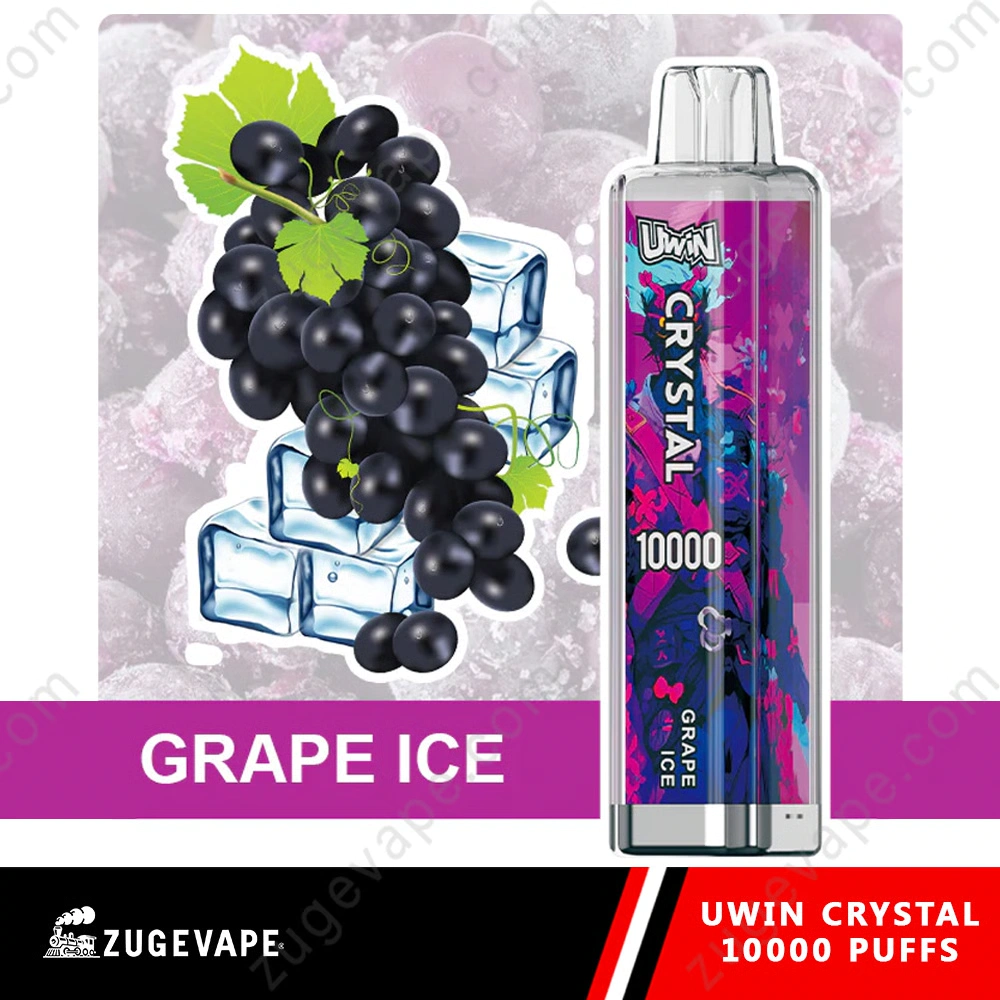 UWIN Crystal 10K Disposable Vape in Grape Ice flavor with colorful device artwork, black grapes and ice cube graphics