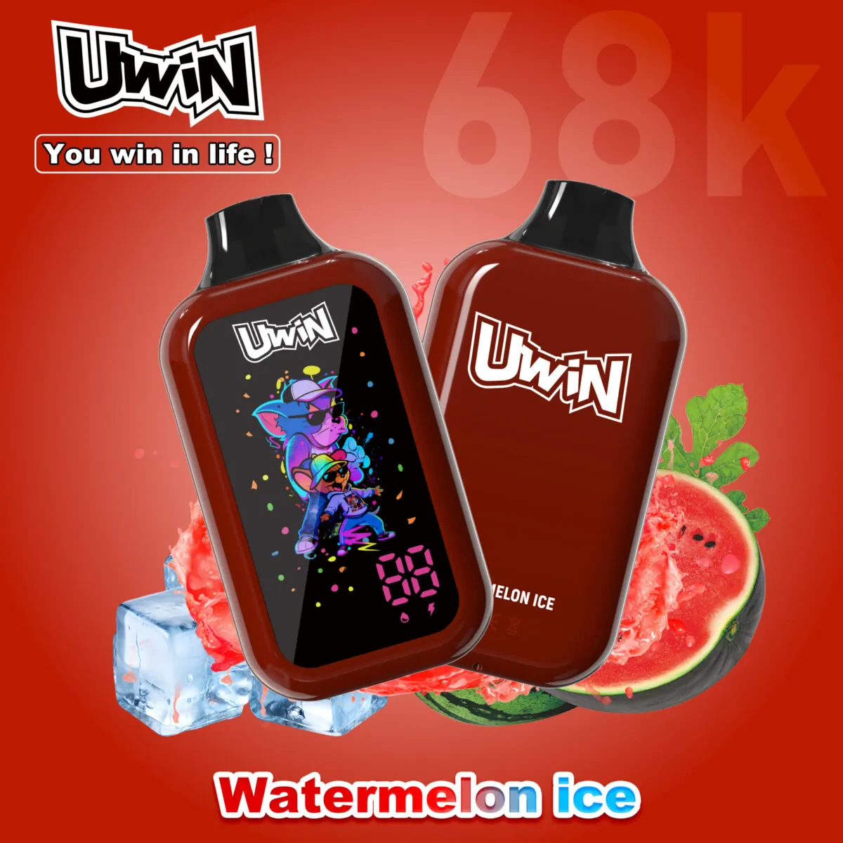 UWIN Digital Box 68K Disposable Vape in Watermelon Ice flavor with colorful device and watermelon ice artwork