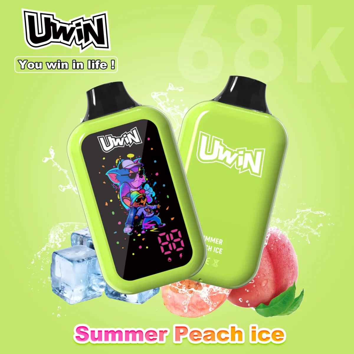 UWIN Digital Box 68K Disposable Vape in Summer Peach Ice flavor with colorful device and peach ice artwork