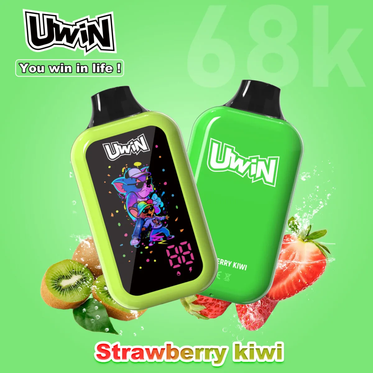 UWIN Digital Box 68K Disposable Vape in Strawberry Kiwi flavor with colorful device, strawberry and kiwi artwork