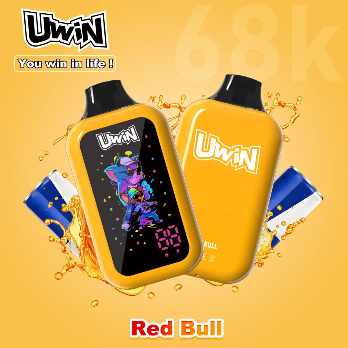 UWIN Digital Box 68K Disposable Vape in Red Bull flavor with colorful device design and energy drink style artwork
