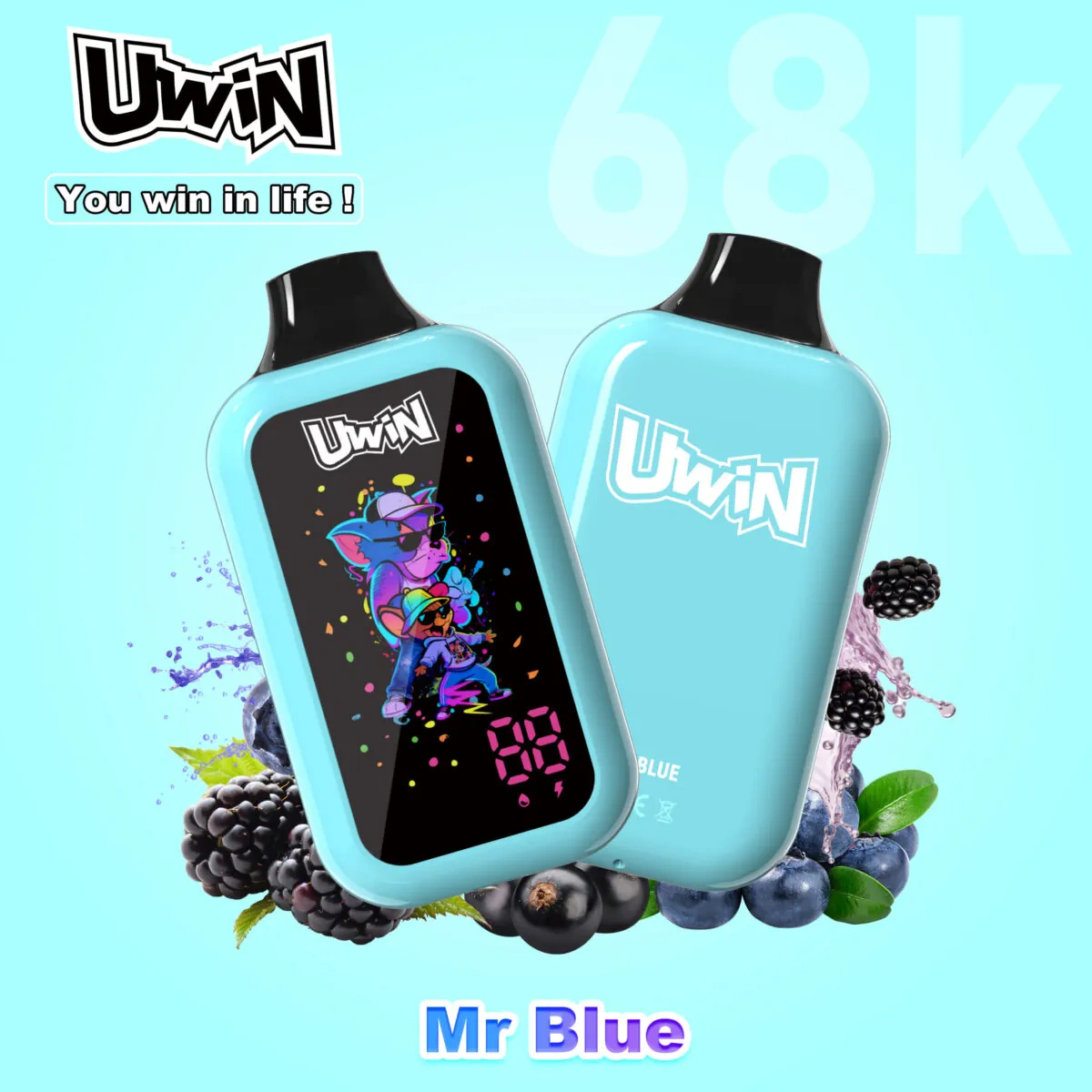 UWIN Digital Box 68K Disposable Vape in Mr Blue flavor with colorful device artwork and mixed berry presentation