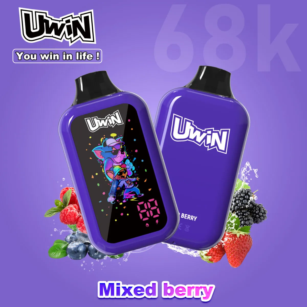 UWIN Digital Box 68K Disposable Vape in Mixed Berry flavor with colorful device artwork and berry presentation