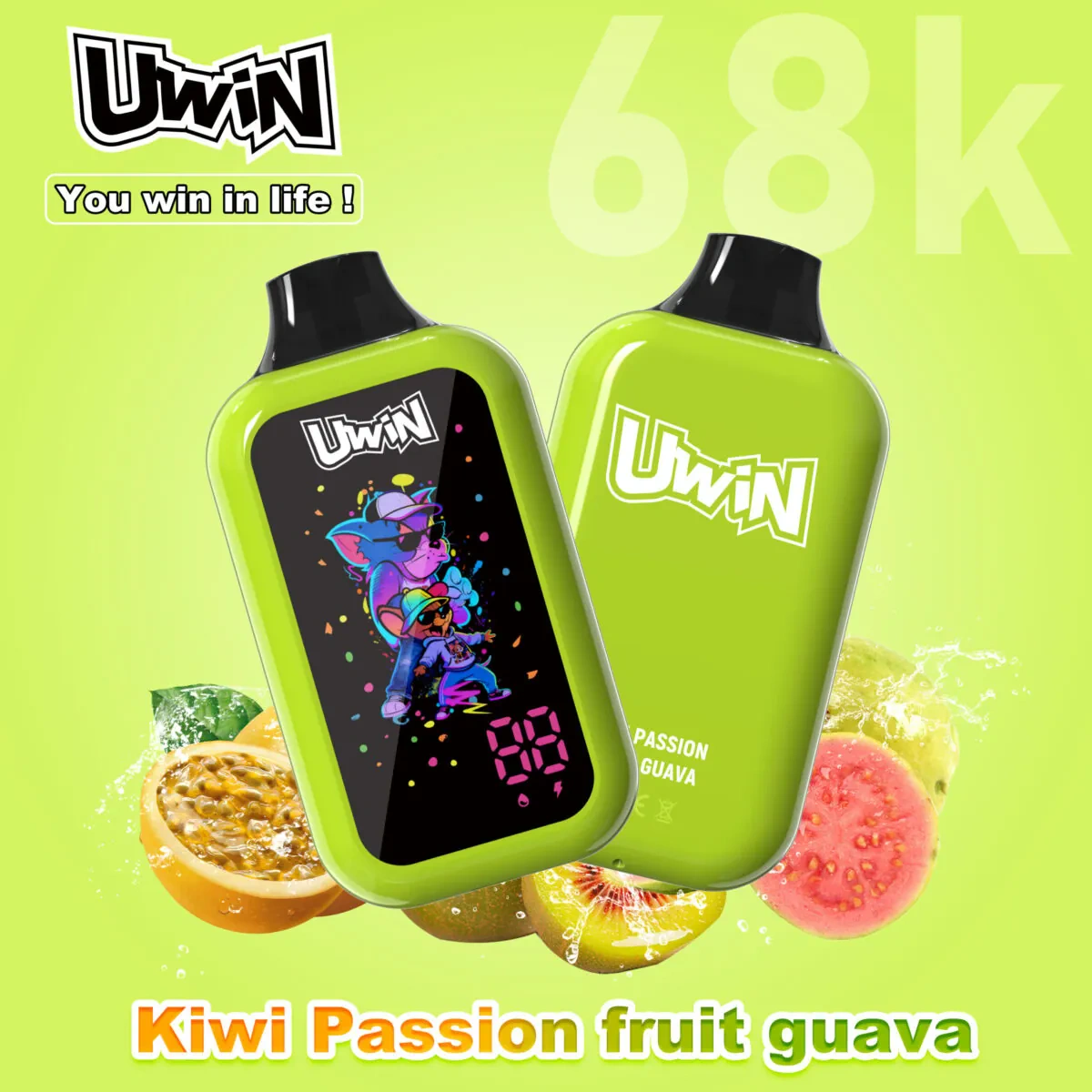 UWIN Digital Box 68K Disposable Vape in Kiwi Passion Fruit Guava flavor with colorful tropical fruit artwork