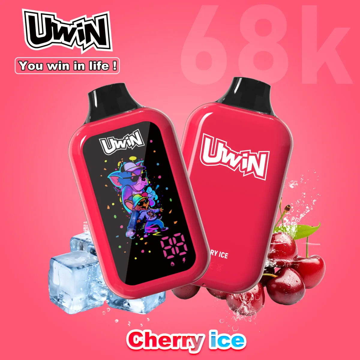 UWIN Digital Box 68K Disposable Vape in Cherry Ice flavor with colorful device artwork, cherries and ice graphics