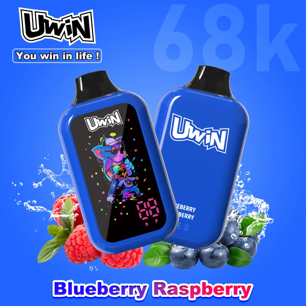 UWIN Digital Box 68K Disposable Vape in Blueberry Raspberry flavor with colorful device, blueberry and raspberry artwork