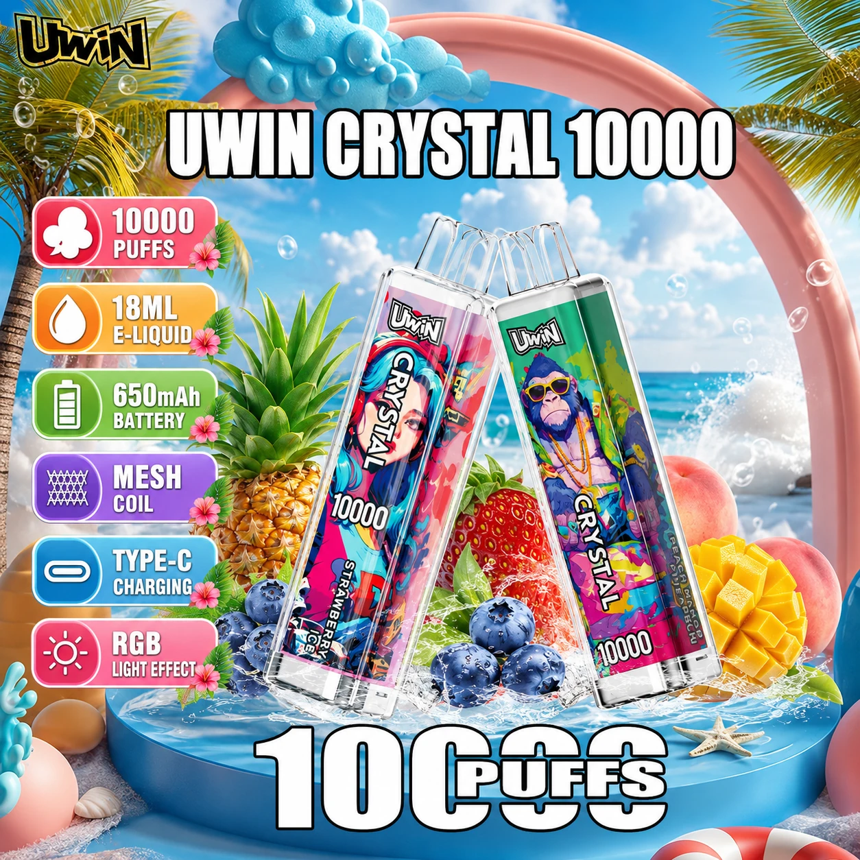 UWIN Crystal 10K Disposable Vape with colorful crystal-style device design and 10000 Puffs product presentation