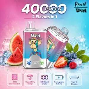 UWIN Crystal Twins 40K 使い捨て型ベイプのメイン商品画像。デバイスのデザインと店頭陳列の様子が確認できます。