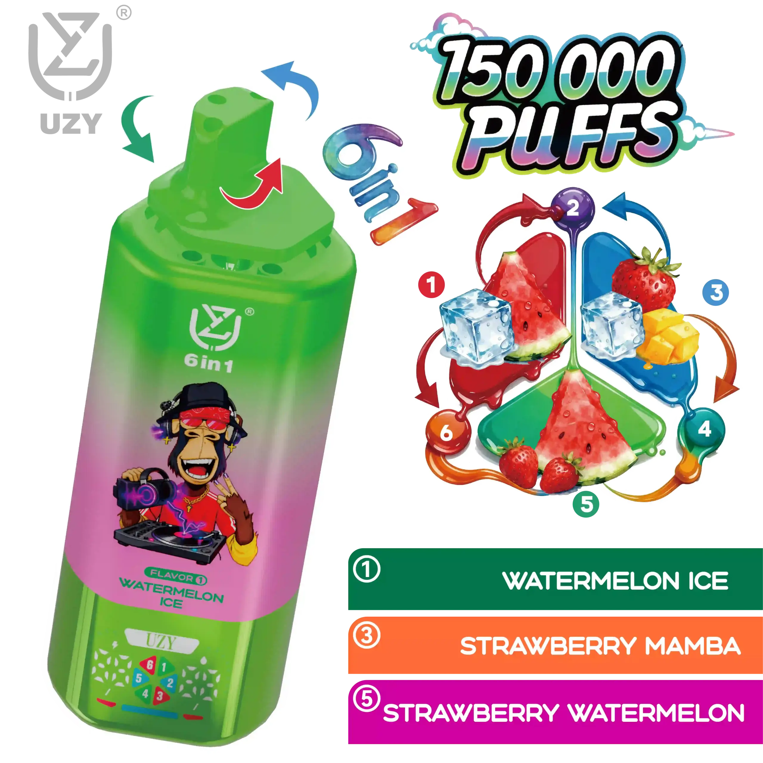 UZY 6-in-1 Flavor 150K Puffs Disposable Vape, Watermelon Ice, Strawberry Mamba and Strawberry Watermelon combination, in supplier gallery artwork.