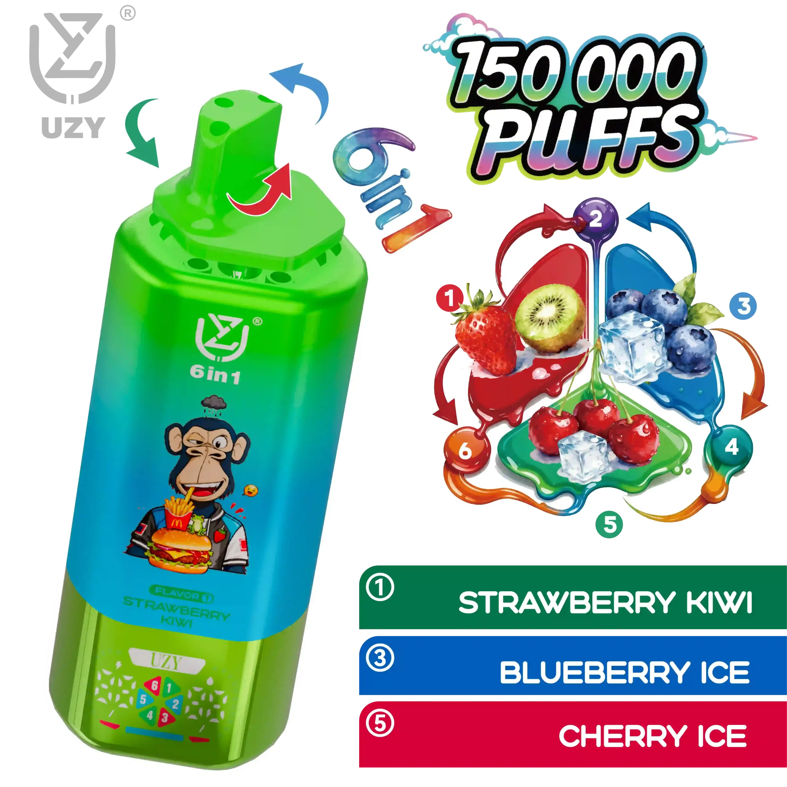 UZY 6-in-1 Flavor 150K Puffs Disposable Vape, Strawberry Kiwi, Blueberry Ice and Cherry Ice combination, presented in the supplier gallery artwork.