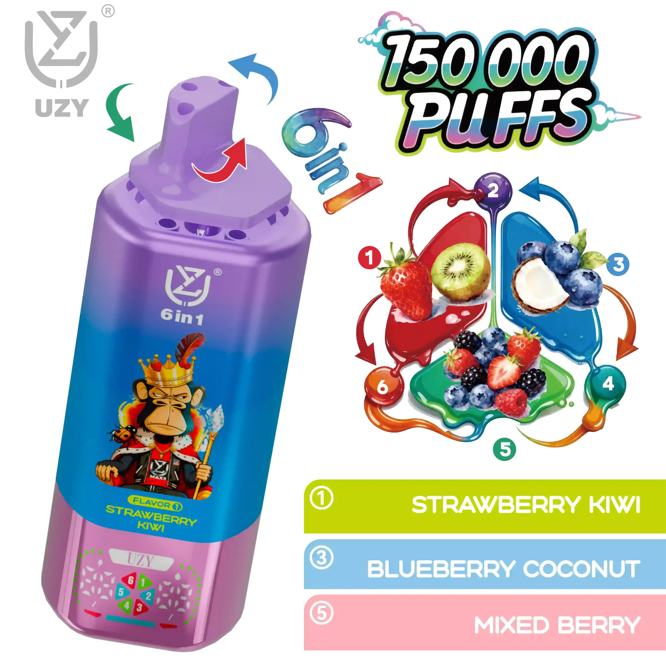 UZY 6-in-1 Flavor 150K Puffs Disposable Vape, Strawberry Kiwi, Blueberry Coconut and Mixed Berry combination, presented in the supplier gallery artwork.
