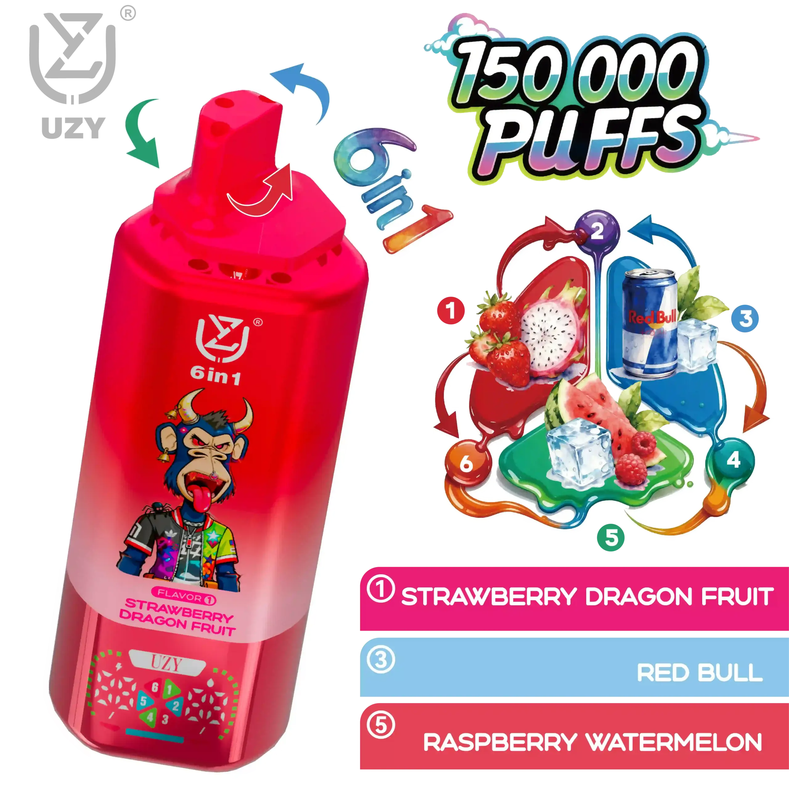 UZY 6-in-1 Flavor 150K Puffs Disposable Vape, Strawberry Dragon Fruit, Red Bull and Raspberry Watermelon combination, in supplier gallery artwork.