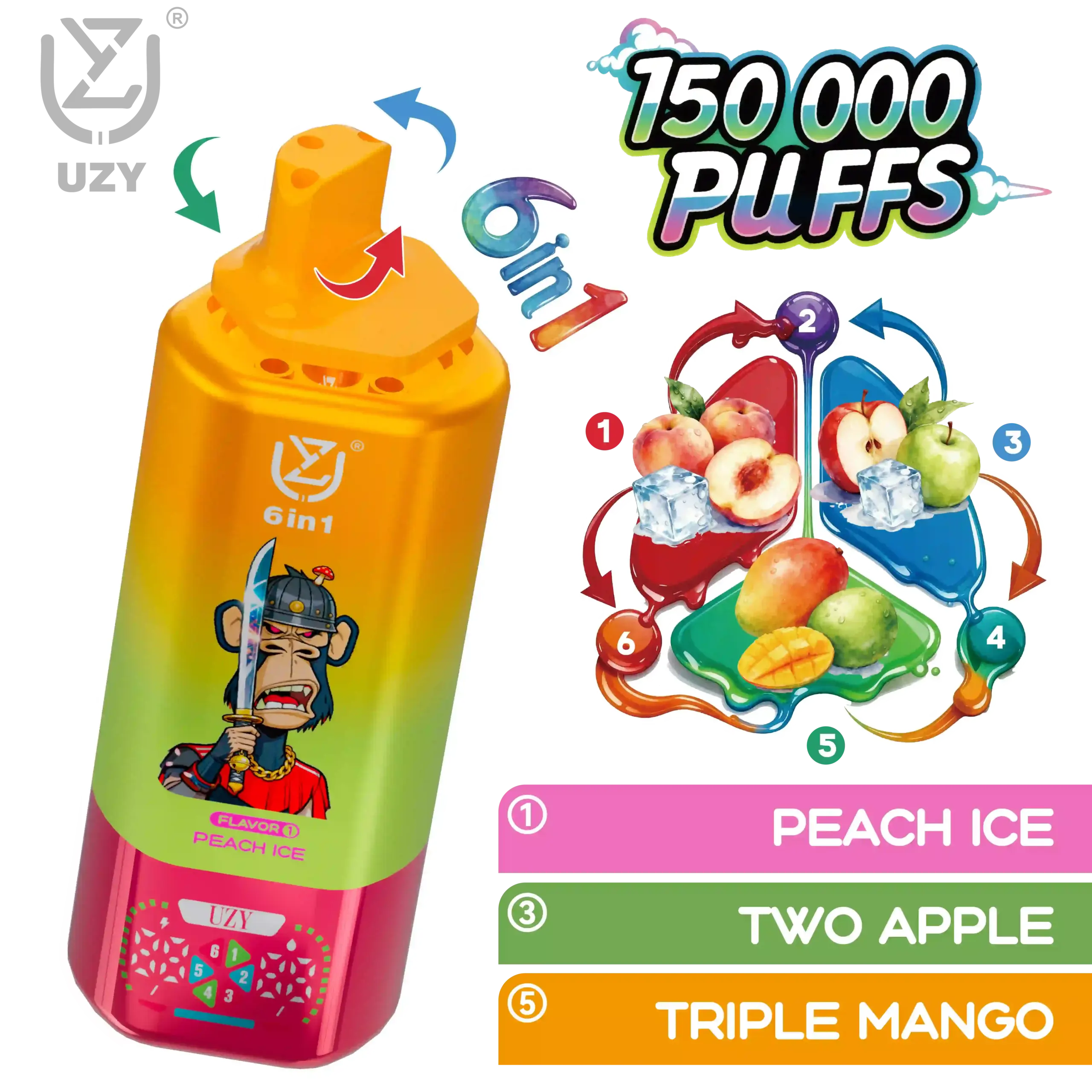 UZY 6-in-1 Flavor 150K Puffs Disposable Vape, Peach Ice, Two Apple and Triple Mango combination, presented in the supplier gallery artwork.